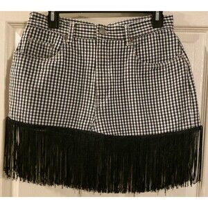 Plaid White & Black Fringe Skirt Upcycle Rework Festival Boho Western Cowgirl